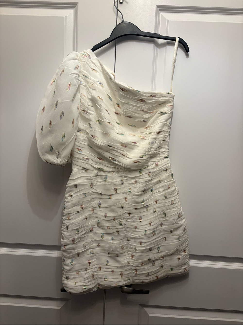 Shoshanna One-Shoulder Cream Mini Dress with Multicolor Embroidery